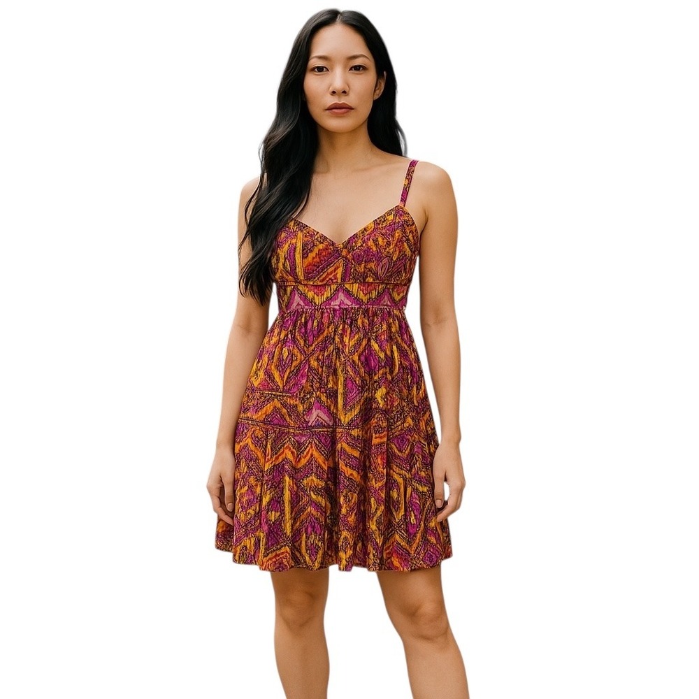Boston Proper Babydoll Tiered Mini Dress Size 10 Ethnic Print Swing Festival